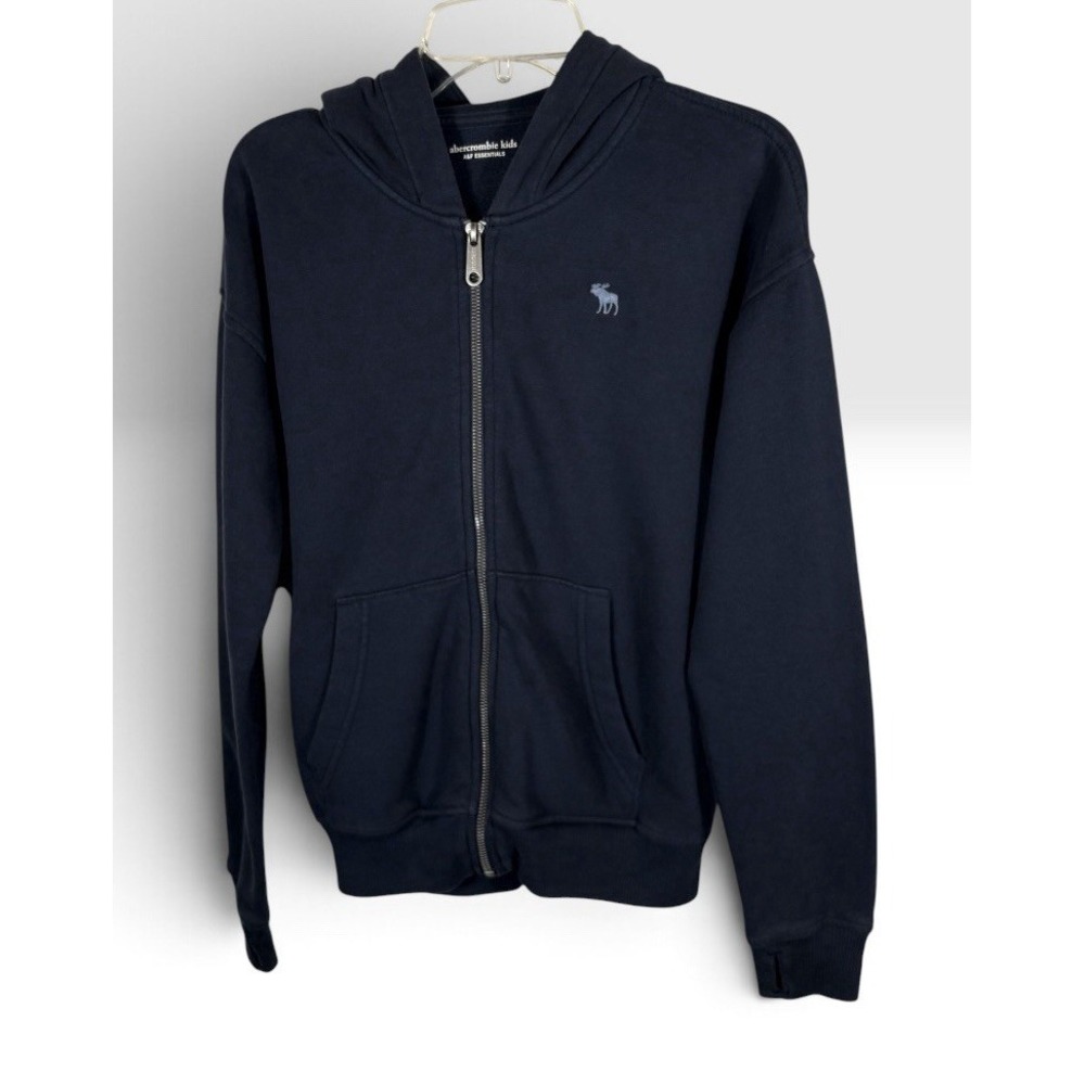 Abercrombie Kids Full Zip Hoodie Sz 11/12 Navy Blue Moose Logo Fleece -2300